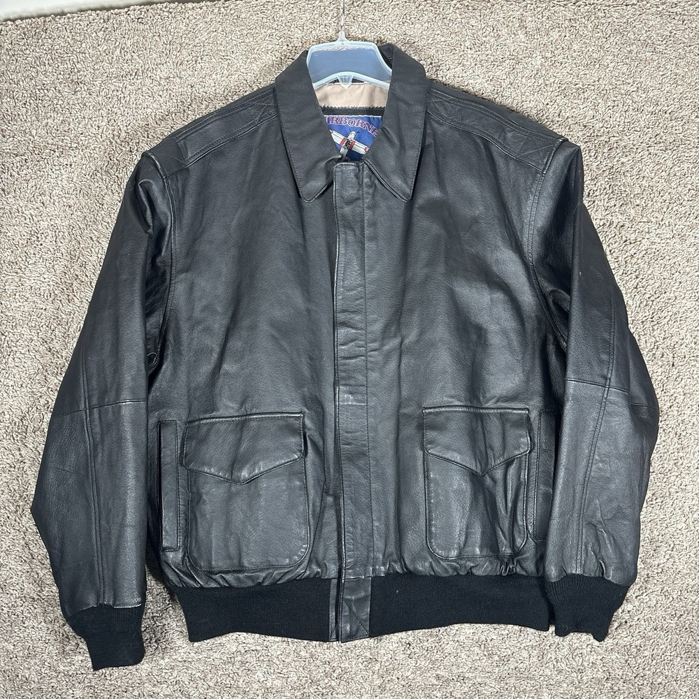 Vintage Airborne Leather Jacket Mens L Brown USA Flag Pilot‎ Flight Bomber 90s